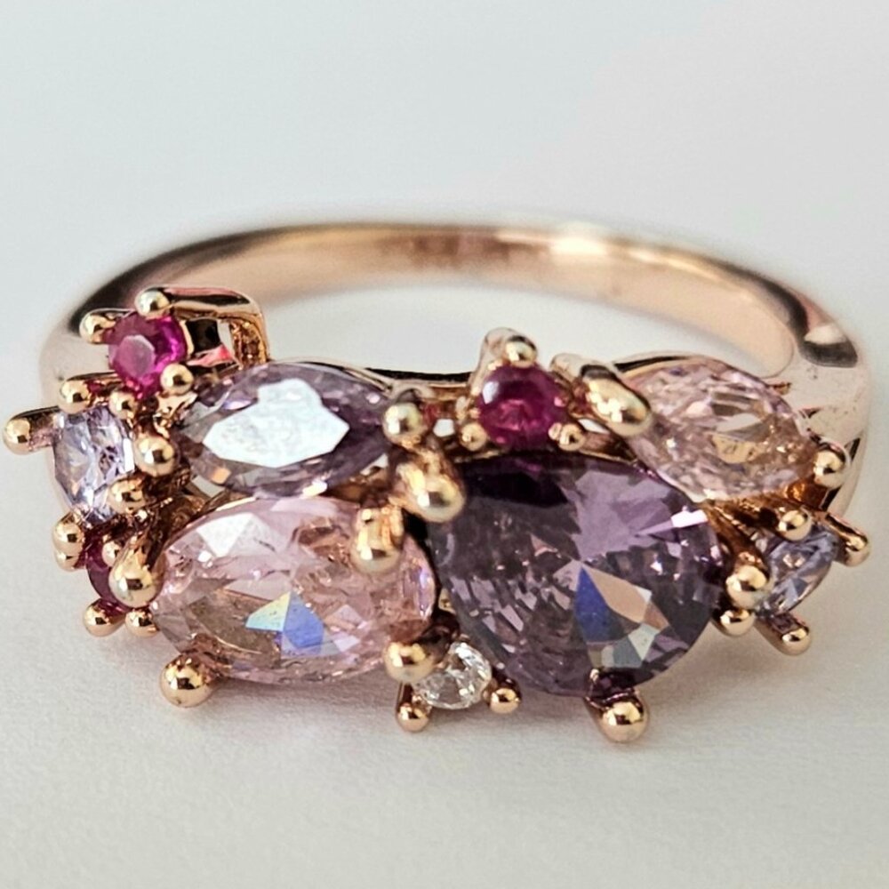 Pink & Purple Gemstone Rose Gold plated Cluster Ring, size 7